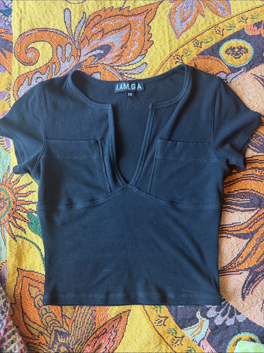 I.AM.GIA Black Ribbed V-Neck Crop Top